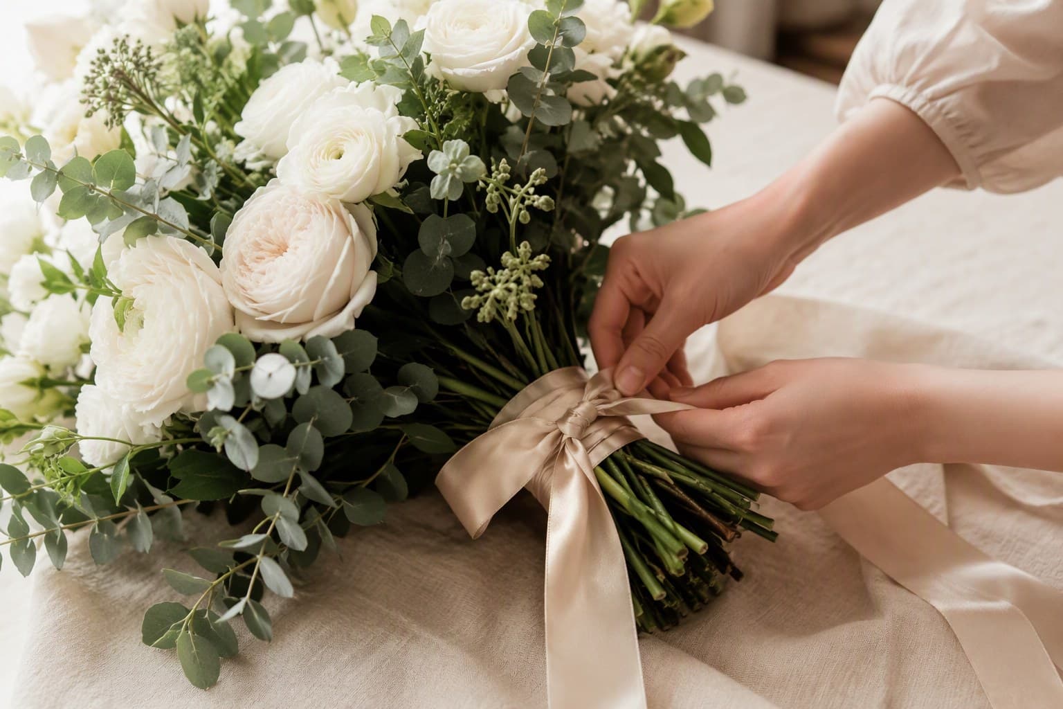 Флорист FLORA завязывает ленту на букете